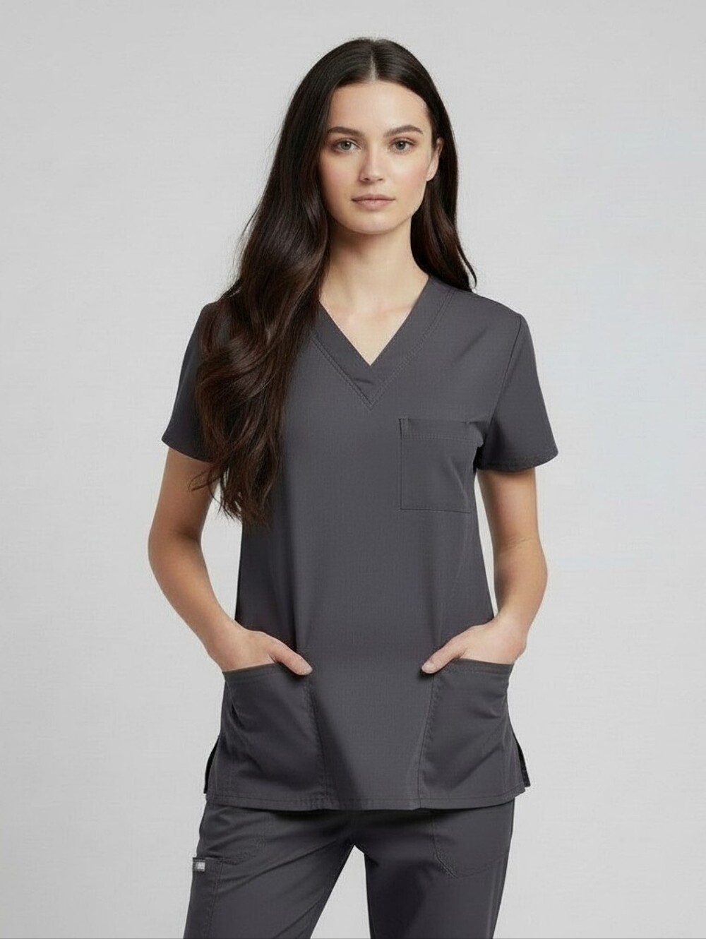 Dream Womens V-Neck Pewter Medical Scrub Top, 3 Front Pockets, EUC, M